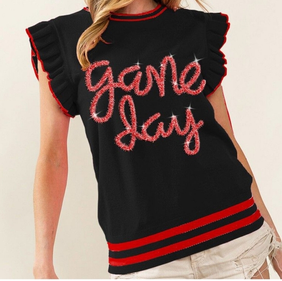 BiBi Tops - BiBi Game Day Red and Black Tinsel Puff Ruffle Sleeve Sweater Size  Small
